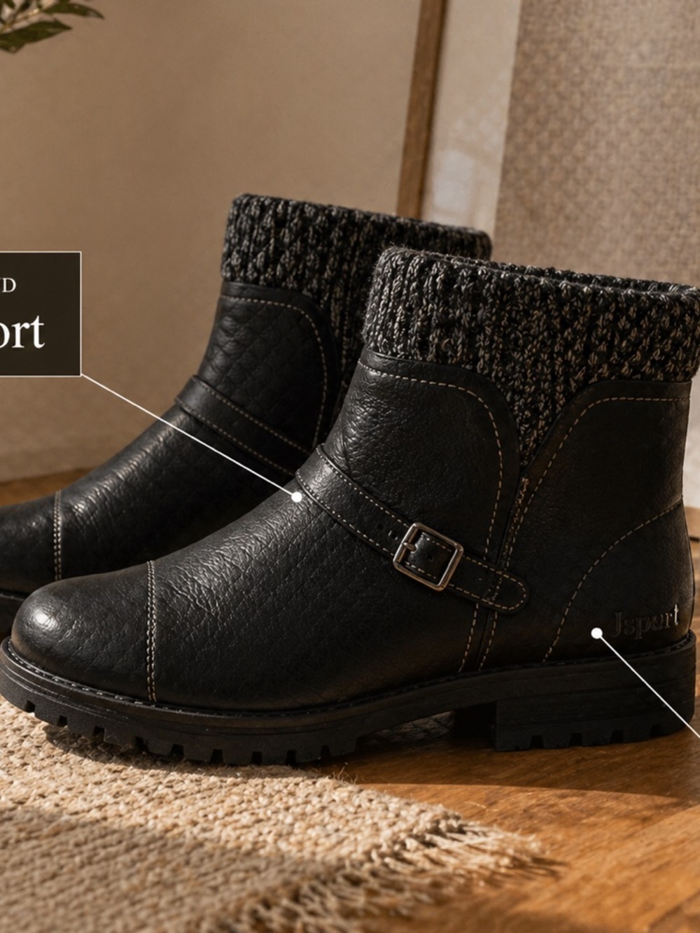 Jsport Black Knit-Cuff Ankle Booties - Picture 2 of 7